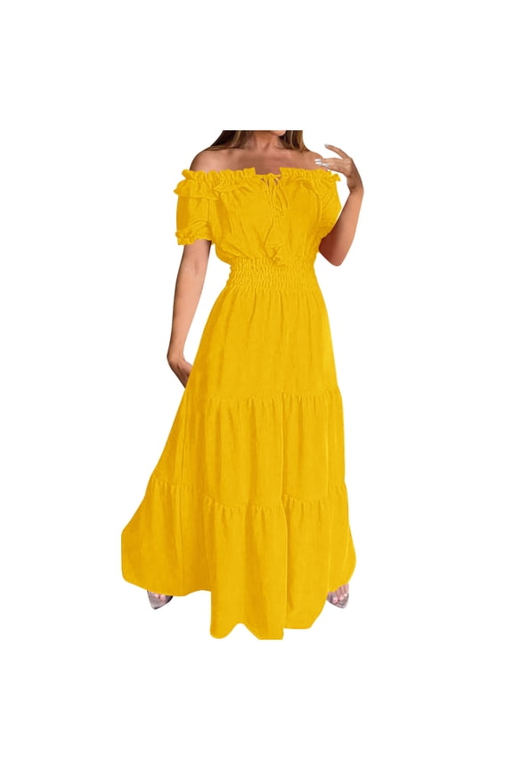 Mustard Yellow Dress for Women Fall Summer Short Puff Sleeve Off The Shoulder Midi Formal Prom Party Evening Gowns Modest Concert Ruffle Dress Homecoming Dresses Women 2026 L
