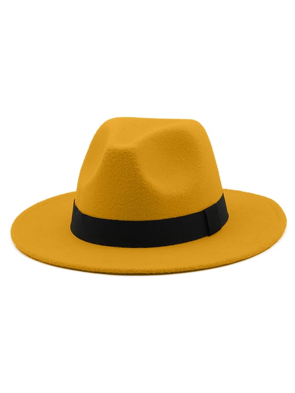 Mustard Yellow Fedora Hat for Women Men, Wide Brim Jazz Hat with Contrast Black Band, Retro Woolen Dress Hats for Party Wedding and Daily Wear
