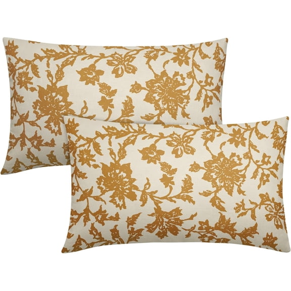 Mustard Yellow Floral Block Print Lumbar Pillow Covers 12x20 Set of 2 Rustic Vintage Flower Pattern Cream Decorative Rectangle Throw Pillow Cases Outdoor Farmhouse Decoration for Sofa Couch Bed