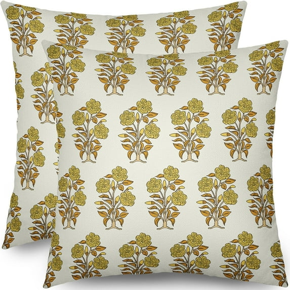 Mustard Yellow Floral Block Print Pillow Covers 20x20 Set of 2 Chinoiserie Flower Leaves Outdoor Decorative Throw Pillows Farmhouse Pillowcases Linen Cushion Case Decor for Home Sofa Couch Bed