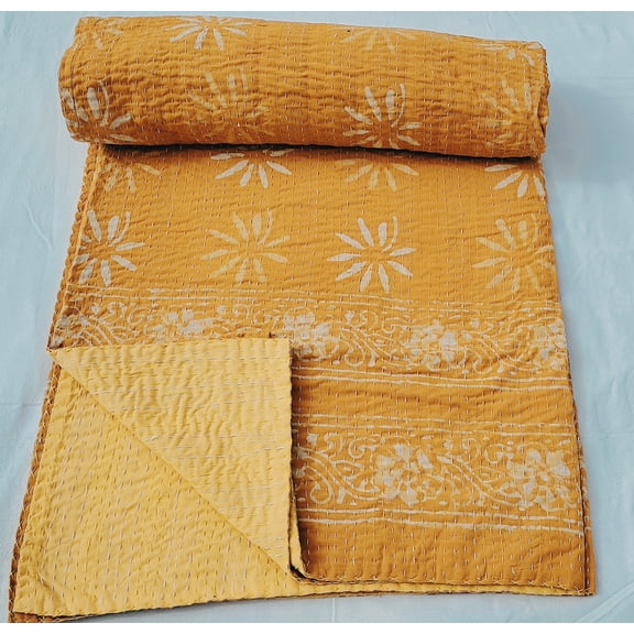 OzarkTextile Boho Floral Indian Cotton Kantha Hand Stitched Quilts, Queen - Handmade Reversible