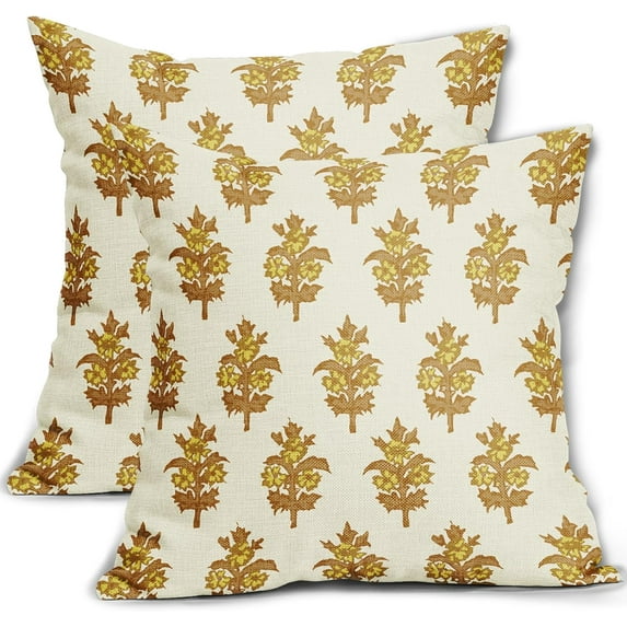 Mustard Yellow Floral Pillow Covers 20x20 Set of 2 Spring Summer Flower Leaves Print Decorative Throw Pillow Cases Outdoor Farmhouse Decoration for Sofa Couch Bed
