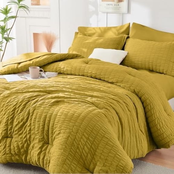 Mustard Yellow Full Size Comforter Sets Seersucker 7 Pieces, All Season Luxury Bed in a Bag for Bedroom, Bedding Set with Comforter, Sheets, Pillowcases & Shams