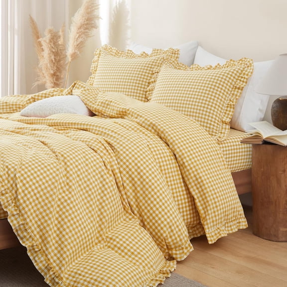Mustard Yellow Gingham Ruffle Duvet Cover King Size 3 Piece Cotton Boho Plaid Comforter Cover, Ruffled Checkered Bedding Set with Zipper Closure & Corner Ties(Comforter Not Included)