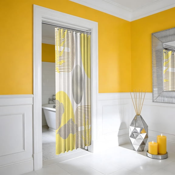 Mustard Yellow and Grey Shower Curtain Light Yellow and Gray White Shower Curtains for Bathroom Decor Abstract MCM Bath Curtain Set, Waterproof Fabric with Hooks 36 x 72 Inch