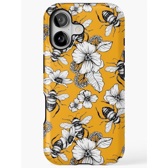 Mustard Yellow Honey Bee and Wildflower Tough Phone Case for Apple iPhone 13 mini, 13, 13 Pro, 13 Pro Max and 14