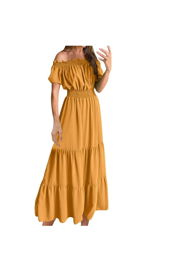 Mustard Yellow Juniors Maxi Long Dress Homecoming Dress for Women Short Sleeve Off The One Shoulder Formal Prom Party Evening Gowns Elegant Fall Summer 2025 Clothes Fashion S