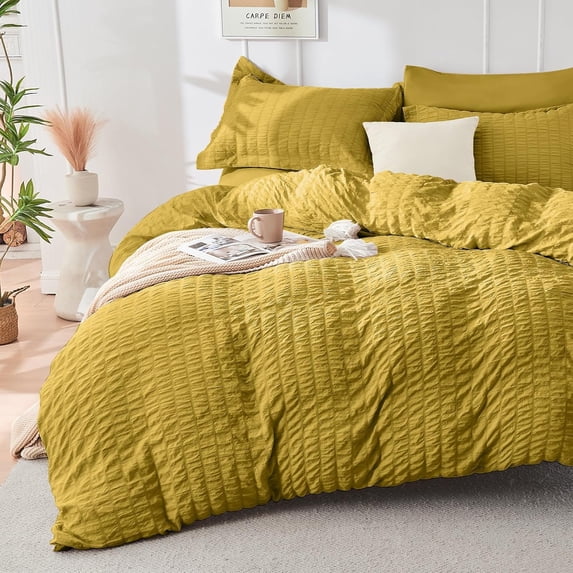 Mustard Yellow King Size Duvet Cover Set, Ultra Soft 3-Piece Seersucker ...