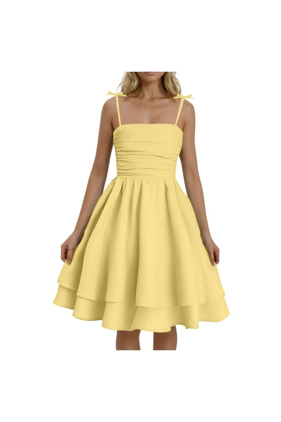 Mustard Yellow Lace Dresses for Women Summer Fall Slip Midi Knee Length Lounge Cute Ruched Camisole Tie Knot Tiered Plain Dresses Teen Girls 2025 Clothing Regular Fit XL