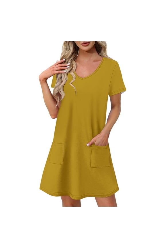 Mustard Yellow Ladies Basic Long Dresses for Juniors Short Sleeve Vneck Spandex Brunch Fall Summer 2026 Clothing Trendy M