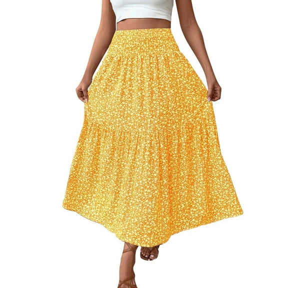 Mustard Yellow Ladies Boho High Leg Maxi Long Floral Print Loose Fit Skirt for Juniors Spandex Brunch Skirts 2025 Clothes Trendy S
