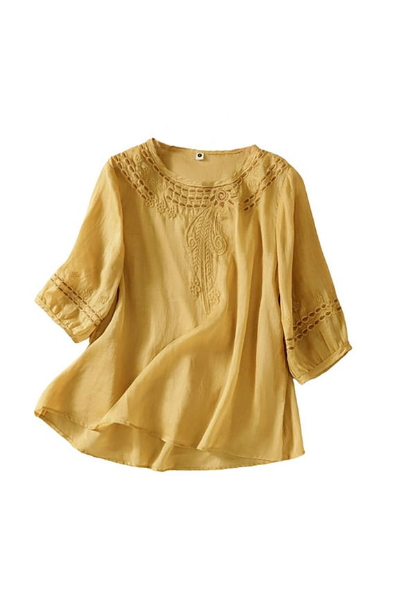 Mustard Yellow Ladies Embroidered Print Tops Boat Neck Faux Gauze Linen Blouses for Juniors Lantern Short Sleeve Cardigan Fall Winter Shirts 2025 Clothes L