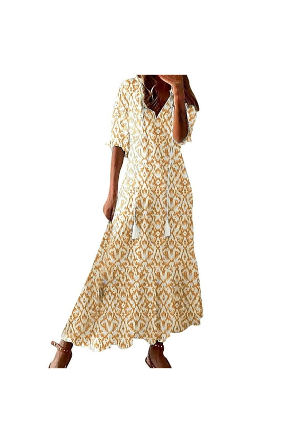 Mustard Yellow Beach Casual for Ladies Summer Fall Short Elbow Sleeve Vneck Floral Graphic Maxi Long Loose Fit Hawaiian Tropical Dress Sundresses Juniors 2025 Clothing M