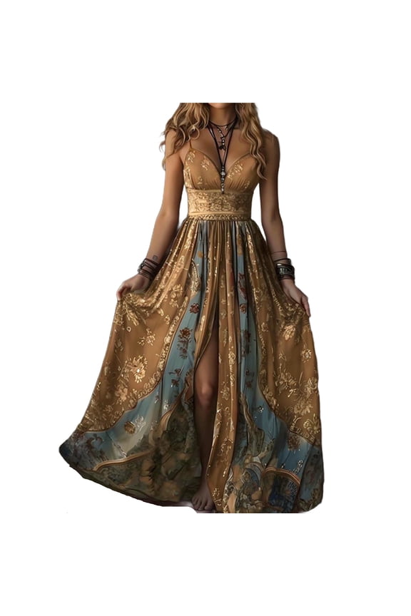 Mustard Yellow Ladies V Neck Spandex Dresses for Juniors Spaghetti Strap Flower Bohemian with Slit Patchwork Maxi Long Summer Fall 2026 Clothes XL
