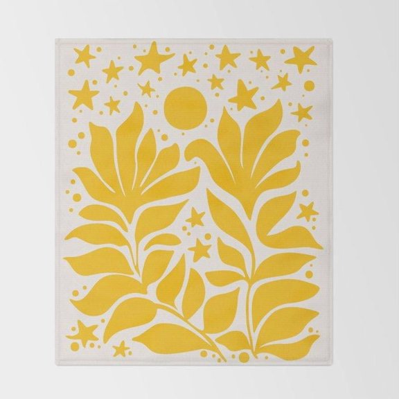 Mustard Yellow Leafy Branches, Sun and Stars Fleece Blanket, Polyester Fleece Fabric, 280 GSM