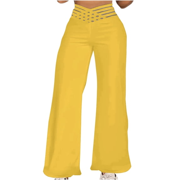 Mustard Yellow Loose Fit for Ladies Fall Summer Spandex Brunch Keyhole Eyelet High Cut Flared Wide Leg Straight Leg Basic Long Boot Cut Leg Pants Womens 2026 Clothes Fashion S