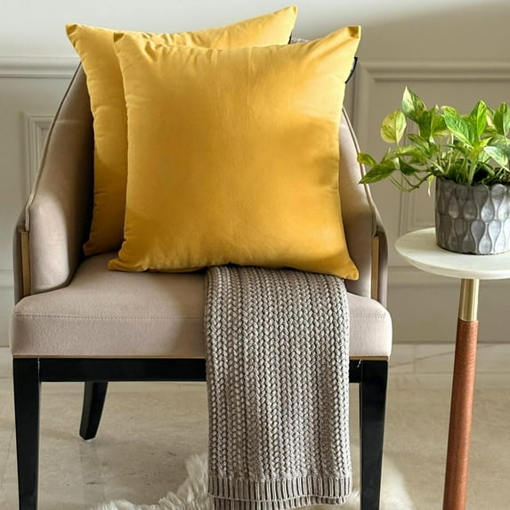 Mustard Yellow Luxury Throw Pillow Covers 20"x20" | Pack of 2 Modern Plain Velvet Cushion Cover | Solid Pillowcases for Couch, Sofa Bedroom & Living Room, Modern Home Décor - Mustard Yellow Velvet