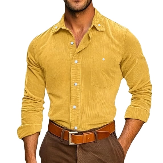 Mustard Yellow Man Collared Turtleneck Neck Corduroy Tops Casual Button Blouses for Mens Long Sleeve Plain Winter Fall Shirts 2026 Trendy M