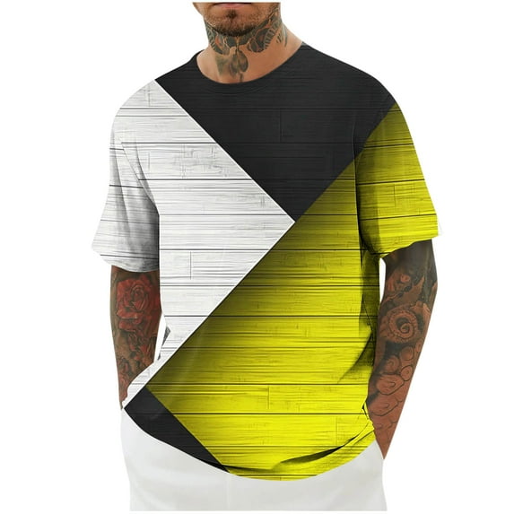 Mustard Yellow Man Plain Tshirts Color Block Geometry Print Loose Fit Tops Tee for Mens Short Sleeve Boat Neck Sport Gym Brunch Running Summer Fall Shirts 2025 Clothing M