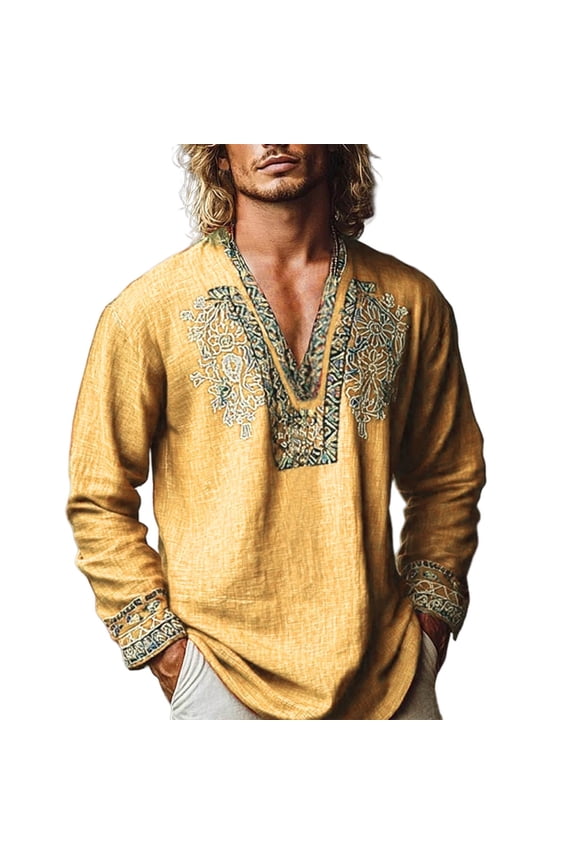 Mustard Yellow Man V Neck Tops Lounge Blouses for Mens Long Sleeve Medieval Renaissance Peasant Steampunk Summer Fall Shirts 2026 Clothes Country Concert Y2K 3XL
