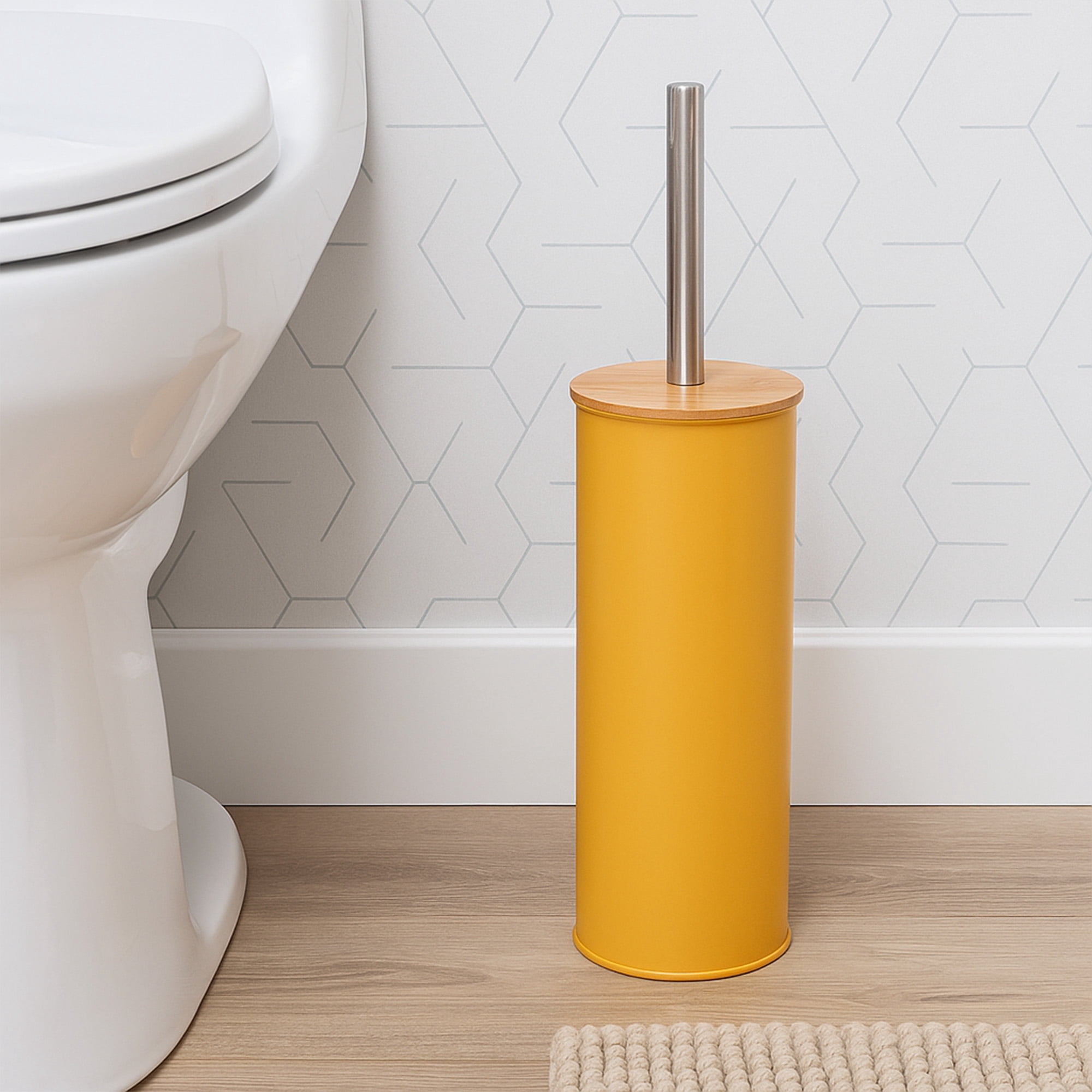 Mustard Yellow Metal Toilet Brush and Holder Set With Bamboo Lid