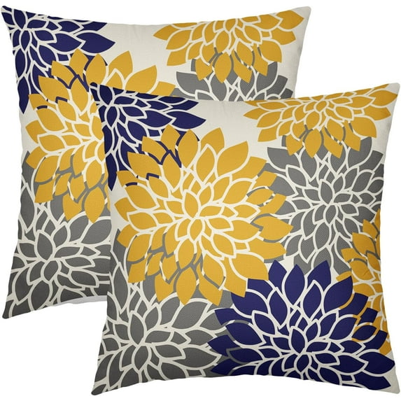 Mustard Yellow Navy Blue Grey Pillow Covers 20x20 Inch Set of 2 Dahlia Floral Decorative Throw Pillows For Couch Geometry Flowers Modern Pillow Cases Home Decor For Sofa Couch Porch Patio Outdoor
