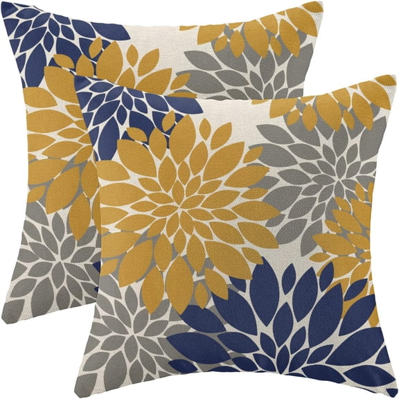 Mustard Yellow Navy Blue Pillow Covers 18x18 Inch Set of 2 Dahlia Floral Decor Throw Pillows Summer Modern Geometry Flower Outdoor Decorative Cushion Cases for Sofa Couch Bed Decorations