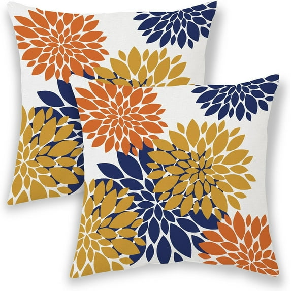 Mustard Yellow Navy Blue Summer Outdoor Pillow Covers 18x18 Inch 2 Pcs,Geometric Elegant Dahlia Floral Decorative Throw Pillows,Burnt Orange Flower Decor Pillowcase Cushion Cover for Couch