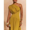 thumbnail image 1 of Mustard Yellow One-Shoulder Pleated Waist A-Line Long Dress For Women, 1 of 6