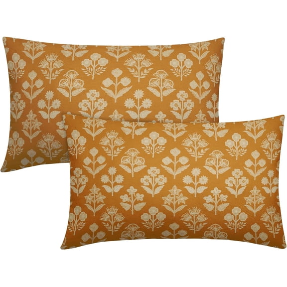 Mustard Yellow Pillow Covers 12x20 Inch Set of 2, Cream Floral Block Print Pattern Lumbar Decorative Throw Pillowcases Outdoor Farmhouse Rectangle Cushion Covers Spring Summer Sofa Couch Bed Decor
