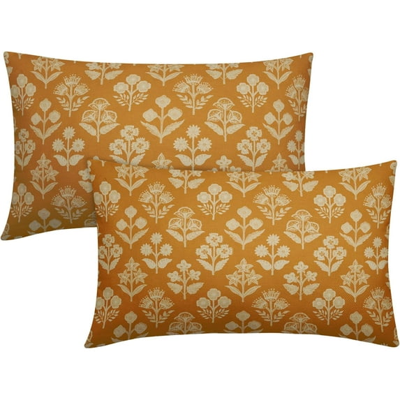 Mustard Yellow Pillow Covers 12x20 Inch Set of 2, Cream Floral Block Print Pattern Lumbar Decorative Throw Pillowcases Outdoor Farmhouse Rectangle Cushion Covers Spring Summer Sofa Couch Bed Decor