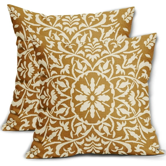 Mustard Yellow Pillow Covers 16x16 Set of 2 Yellow Cream Bohemian Ethnic Carpet Boho Style Vintage Flower Print Decorative Throw Pillows Outdoor Square Cushion Cases Farmhouse Decor for Home Sofa Bed