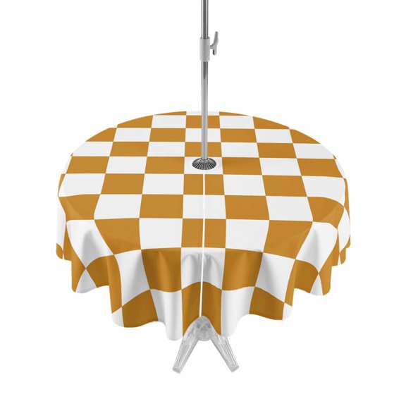 Mustard Yellow Plaid Outdoor Round Tablecloth with Umbrella Hole 60", Modern Checkerboard Plaid Repeating Pattern Waterproof Zippered Table Cloth Wrinkle Free Wipeable Desk Covers for Patio Party