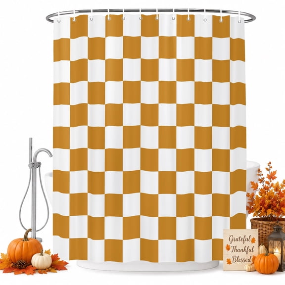 Mustard Yellow Plaid Shower Curtain for Bathroom, Modern Checkerboard Plaid Repeating Pattern Waterproof Cloth Fabric Bathroom Accessories Set with 9 Rust Proof Plastic Hooks, 36"x72"