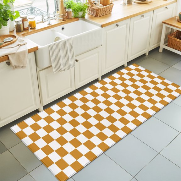 Mustard Yellow Plaid Washable Runner Rugs 2'x6', Modern Checkerboard Plaid Repeating Pattern Washable Runner Rug Non-Slip Sturdy Edge Binding Carpet for Bedside Hallway Runner Kitchen Galley