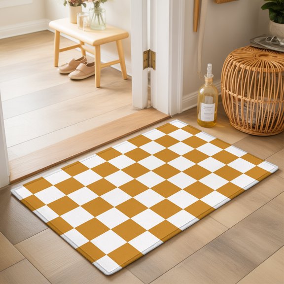 Mustard Yellow Plaid Washable Small Entryway Area Rugs 2'x3', Modern Checkerboard Plaid Repeating Pattern Washable Throw Rug Non-Slip Sturdy Edge Binding Carpet for Front Door Floor Room Entry
