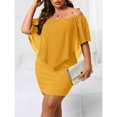 thumbnail image 1 of Mustard Yellow Plus Size Off-Shoulder Fitted Mini Dress With Sheer Flounce Overlay, 1 of 7