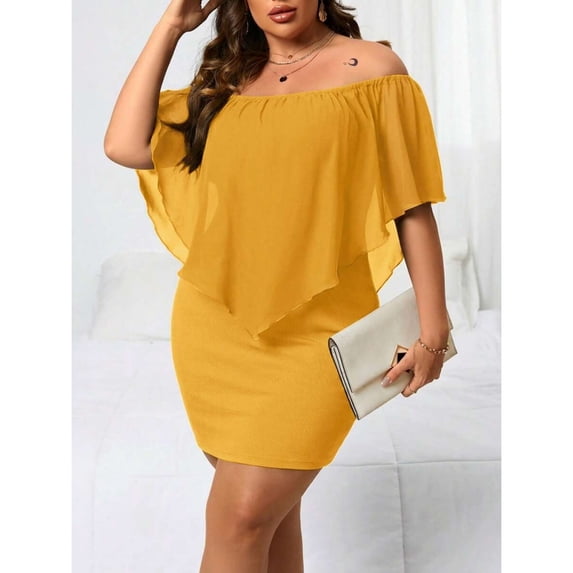 Mustard Yellow Plus Size Off-Shoulder Fitted Mini Dress With Sheer Flounce Overlay