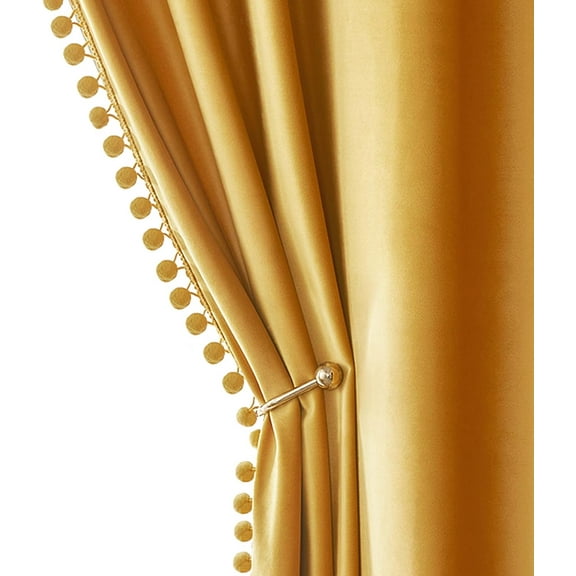 Mustard Yellow Pom Pom Velvet Curtains for Fall Bedroom/Living Room Darkening Thermal Insulating 84 Inches Long Blackout Curtains with Rod Pocket for Kid Room/Nursery/Home Theater Set of 2