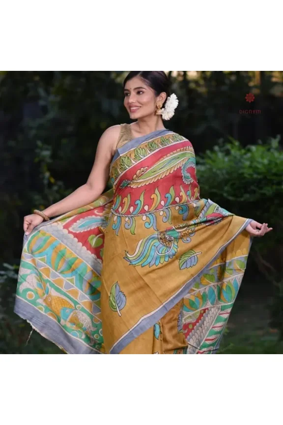 Mustard Yellow Pure Silk Hand Painted Kalamkari Saree