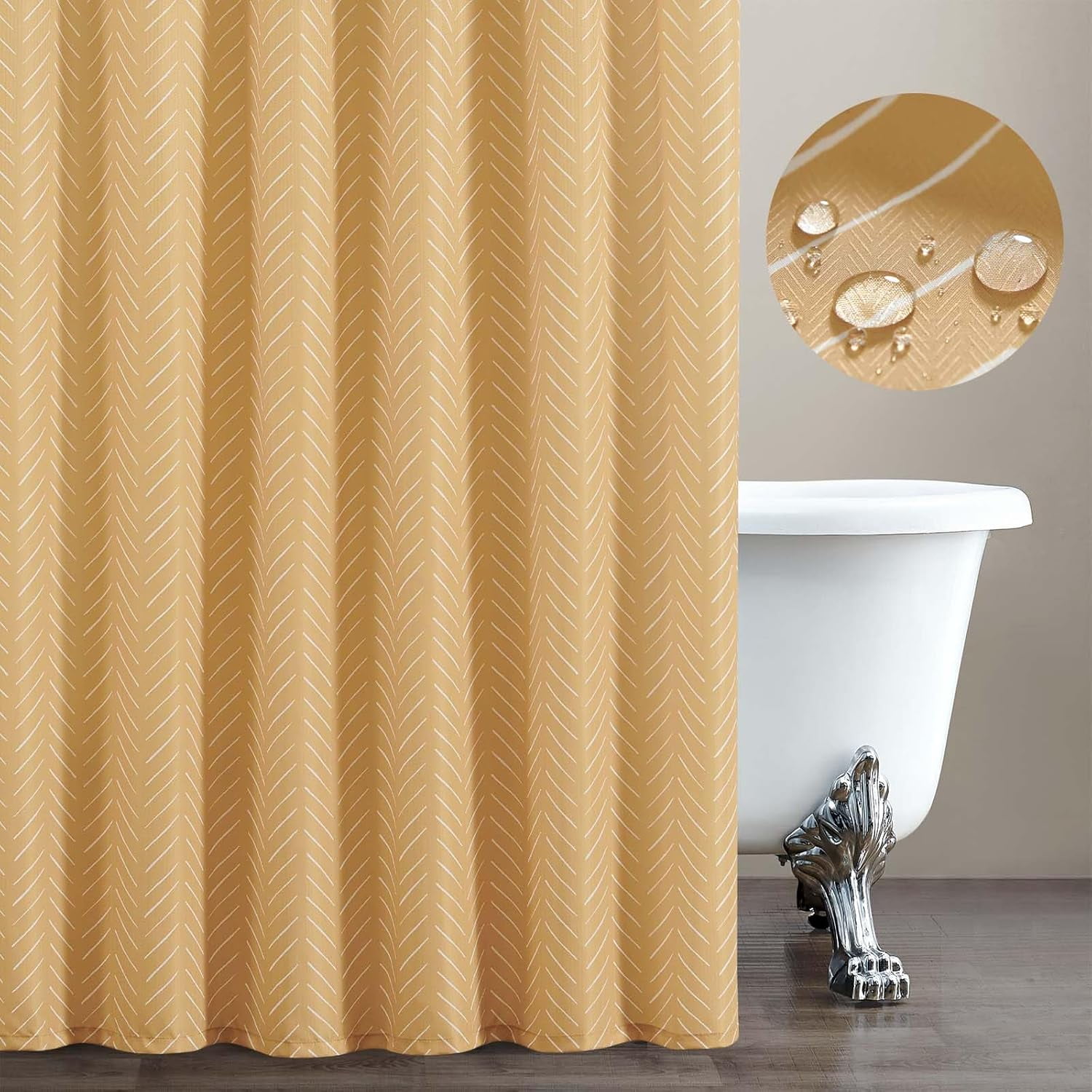 Mustard Yellow Shower Curtain Herringbone Fabric Zig Zag Chevron White