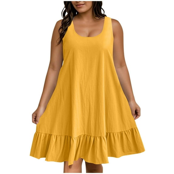 Mustard Yellow Sleeveless for Ladies Summer Fall Boat Neck Spandex Midi Knee High Plus Size Ruched Cami Tank Basic Dresses Womens 2025 Clothes XXL