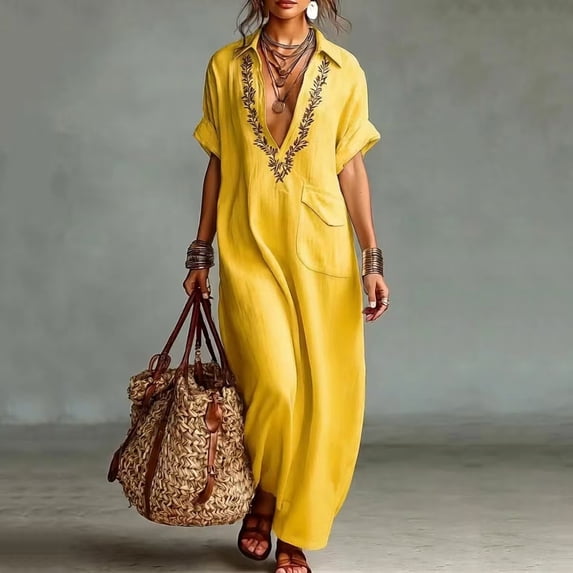 Mustard Yellow Slip Short Sleeve Dresses for Women Summer Fall V Neck Print Long Lounge Dresses Women 2026 Clothes Fashion XXL