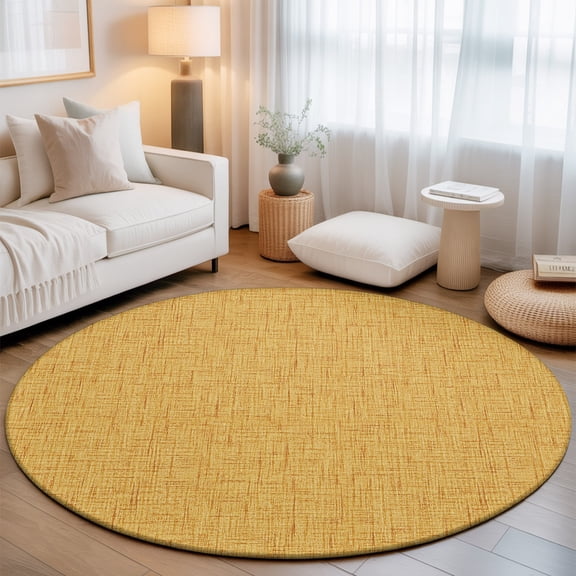 Mustard Yellow Solid Round Rug 4Ft Minimalist Cloth Rustic Yellow Linen Texture Circle Area Rugs Washable Non Slip Indoor Floor Mats Carpet for Living Room Bedroom Dining Room Home Decor