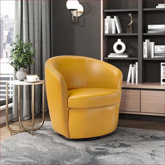 Mustard Yellow Top Grain Leather Swivel Barrel Back Accent Chair, Solid Wood Frame Single Seating for Living Room Adults