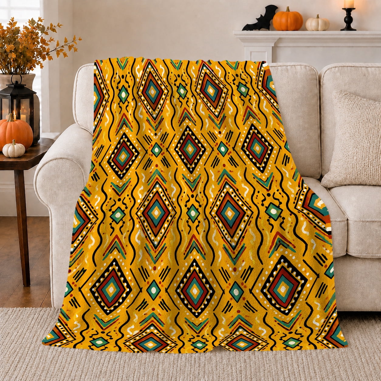 Printed Flannel Throw Blanket with Mustard Yellow Tribal Diamond ...