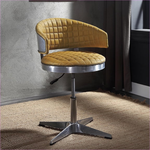 Mustard Yellow Tufted Adjustable Swivel Accent Stool, Chrome Silver Base Chair Seating for Adults, Living Room Vanity Use