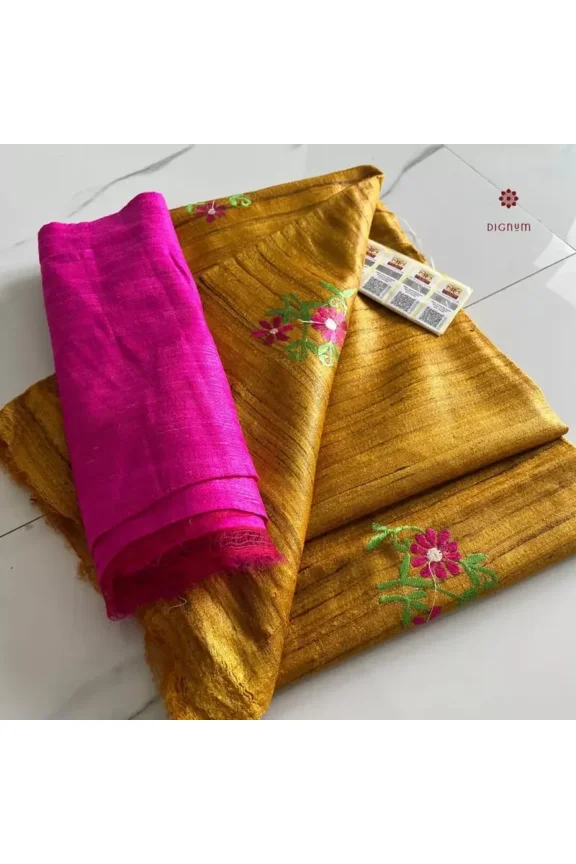 Mustard Yellow Tussar Ghicha Silk Embroidery Saree