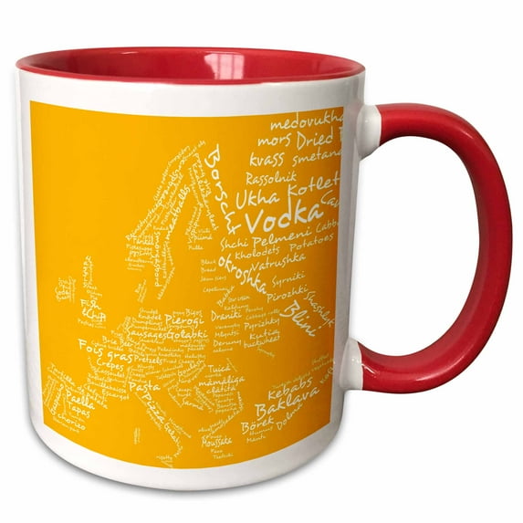 3drose, Mustard Yellow Typography Food Map of Europe Composed of Names of World Dishes and Foods, 11oz Two-tone Red Mug