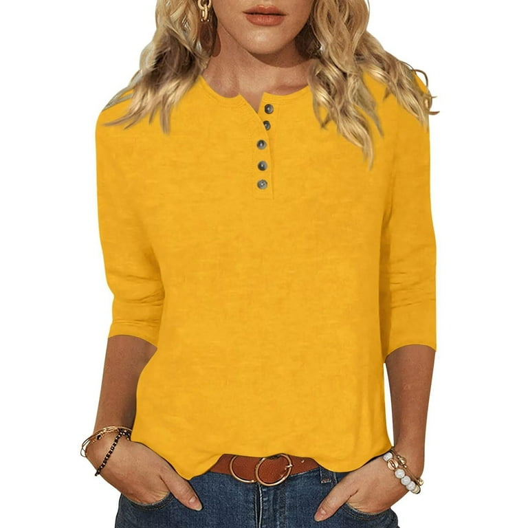 Mustard Yellow Womens Boat Henley Neck Spandex Tshirts Button Down Tee Tops  for Ladies Long 3/4 Length Sleeve Gradient Loose Fit Plain Fall Summer